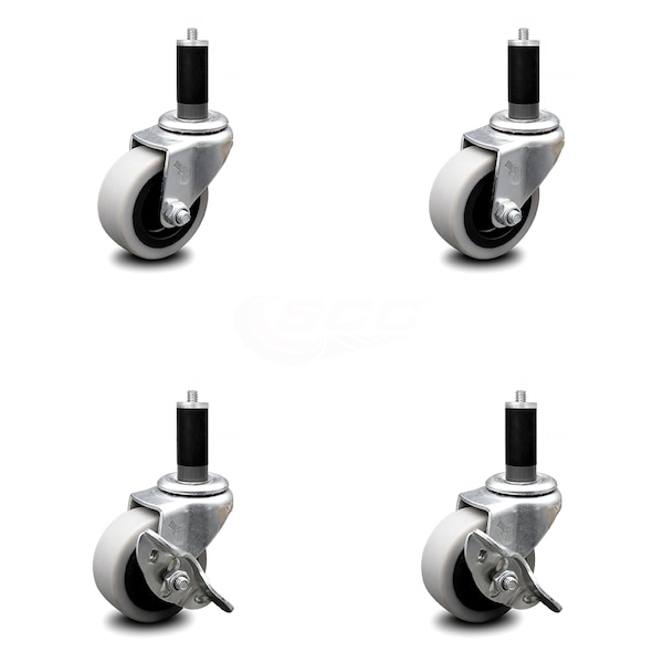 2 Inch Thermoplastic Wheel 1-1/8 Inch Expanding Stem Caster Set with 2 Brakes